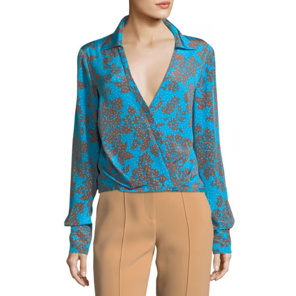 Diane von Furstenberg Floral Callow Collared Crossover Silk Blouse Blue/Orange 6 - Picture 1 of 5